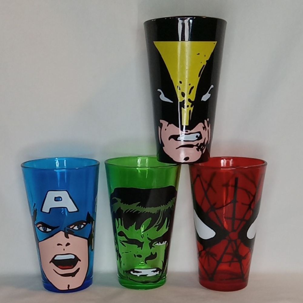 Marvel Comics Collector Superhero 4 Piece  Glassware Tumbler Set Spiderman Hulk